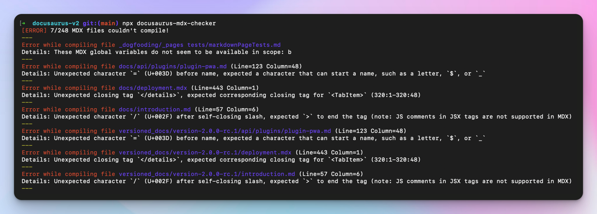 Screenshot of the terminal showing an example MDX checker CLI output, with a few error messages
